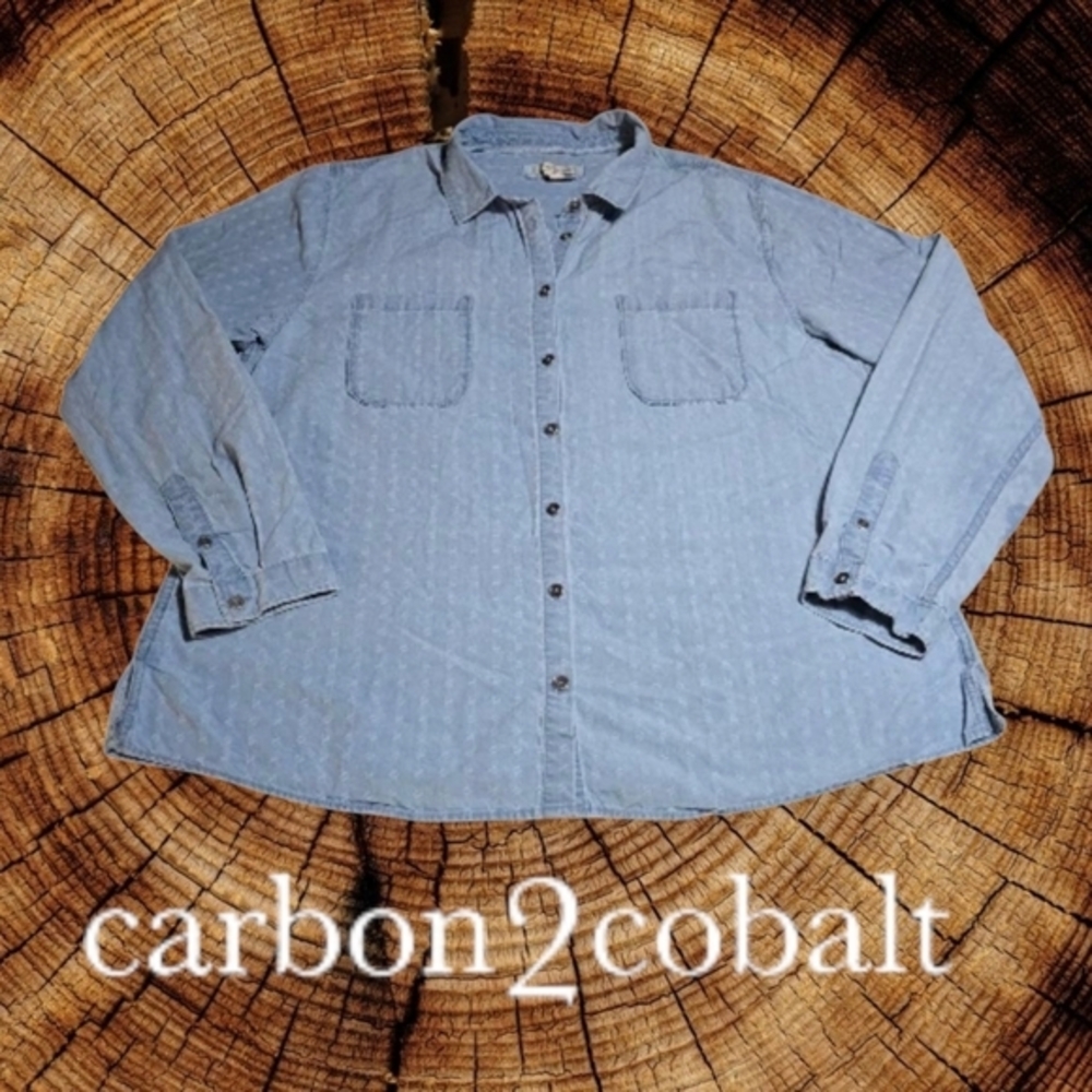Carbon2Cobalt Women's Chambray Button Up Long‎ Sleeve Shirt Light Wash Dobby XL